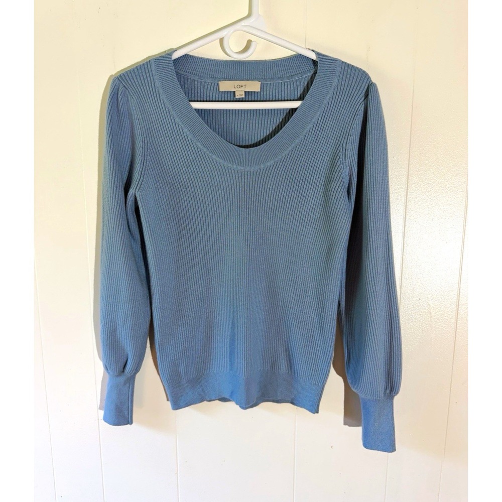 LOFT Blue Ribbed Knit V-Neck Pullover Sweater Puff Long Sleeve Women M